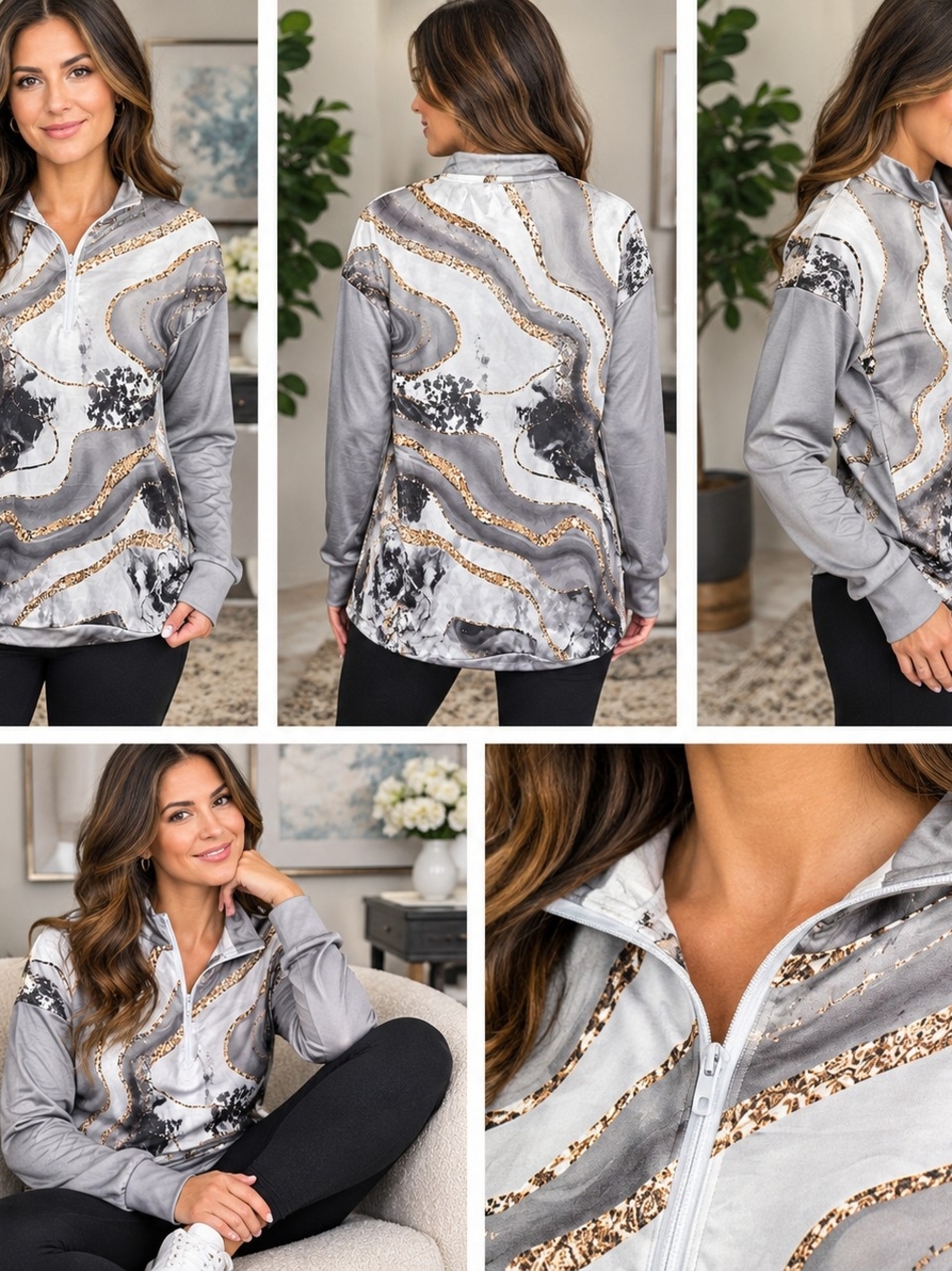 Gray White Black Gold Abstract Marble Quarter-Zip Pullover Size L